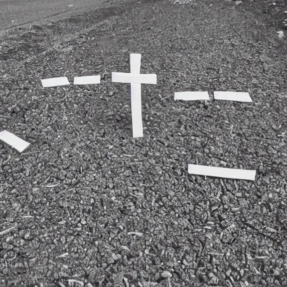 Prompt: crosses on gravel hill, child ’ s drawing