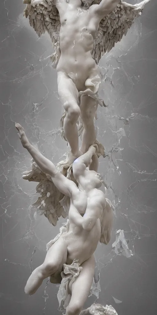 Image similar to realistic digital painting of a stunning intricate cracked white marble falling angel bernini sculpture, trailing white vapor, mycelium stands and misty xparticles neutral tone background, trending on artstation, hyperrealism, matte painting, subsurface scattering