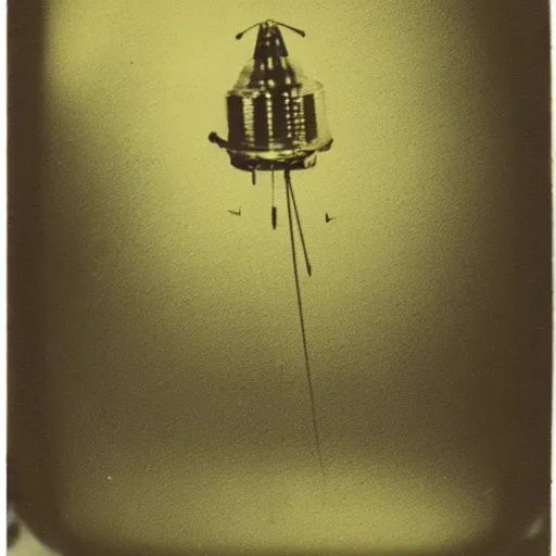 Image similar to old polaroid depicting a small intricate metallic alien probe, hovering at a clearing