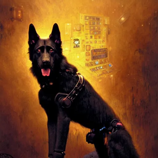 Prompt: a portrait of a black german shepard dogman canine neuromancer with human eyes furious angry holding computer console. shadowrun cyberpunk fantasy d & d highly detailed painting by gaston bussiere craig mullins jc leyendecker gustav klimt artgerm greg rutkowski