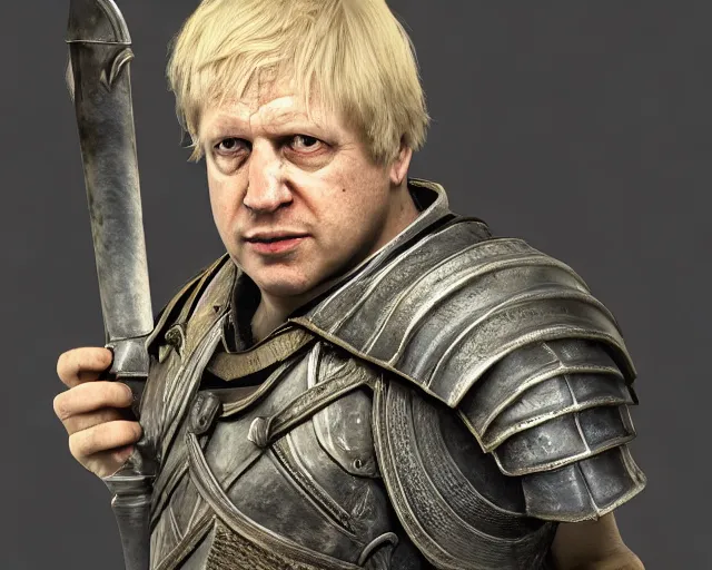 Prompt: boris johnson in dark souls, character art, by various concept artists, redshift render, hyperrealistic face, photorealistic render