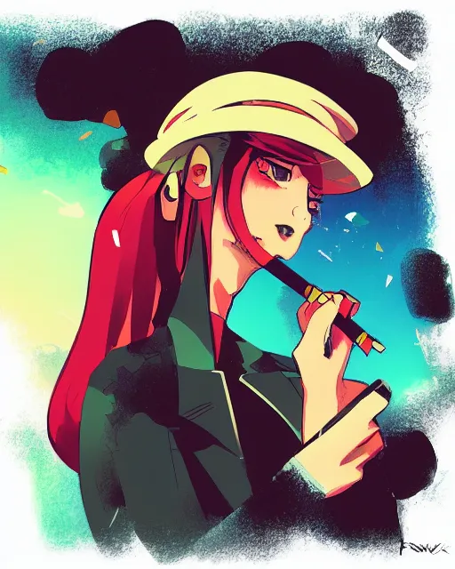 Image similar to girl with beret smoking a cigarette, colored manga panel, drawn by Anton Fadeev