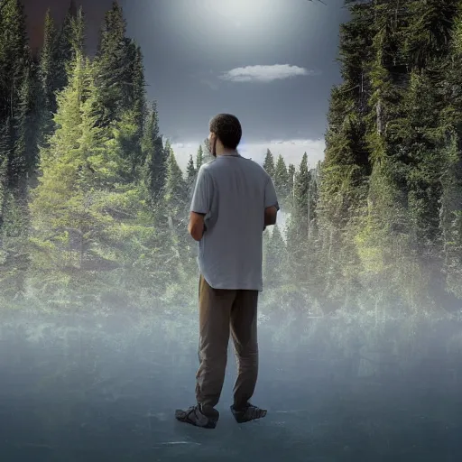 Image similar to a beautiful award-winning photo of the last man on Earth, serene idyllic background, volumetric lighting, very high quality, extremely detailed, subtle visual noise, 8K