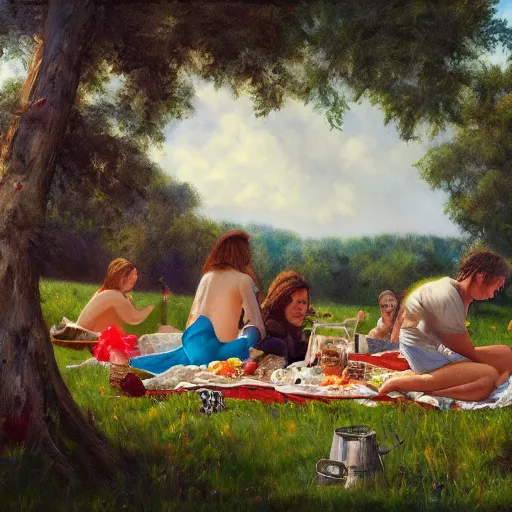 Prompt: a picnic, oil painting, high detail, 8 k, wide angle, trending on artstation,