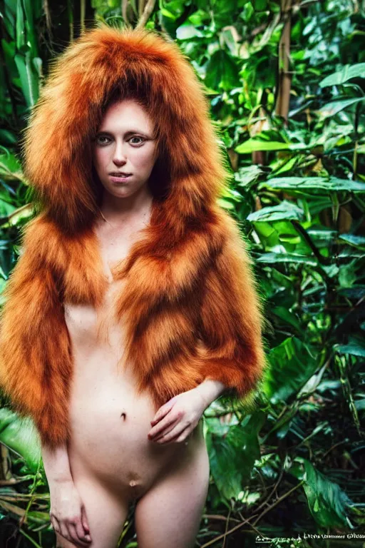 Prompt: a professional portrait photo of a dressed catgirl in the tropical jungles, ginger hair and fur, extremely high fidelity, natural lighting, national geographic magazine cover.