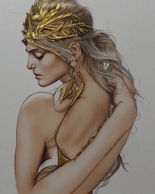 Image similar to tattoo design sketch of hot blonde super model as aphrodite greek goddess wearing a gold laurel wreath and triangle earrings, beautiful piercing gaze with sharp pupils, in the style of greg rutkowski, fantasy, amazing detail, epic, elegant, smooth, sharp focus, front view