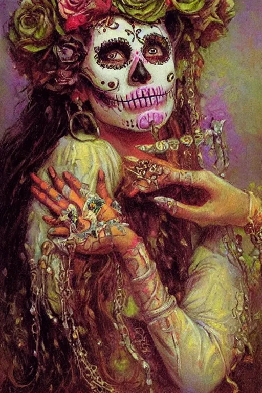 Prompt: illustration of a sugar skull day of the dead girl, art by gaston bussiere