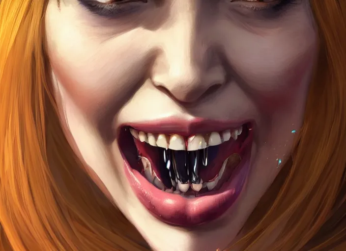 Image similar to wide open wife mouth, close - up, cry, defiant, pin - up, full lips, symmetrical teeth, light effect, hyper detailed, intricate, elegant, highly detailed, digital painting, artstation, concept art, matte, sharp focus, illustration, by dan mumford, yusuke murata, makoto shinkai, ross tran