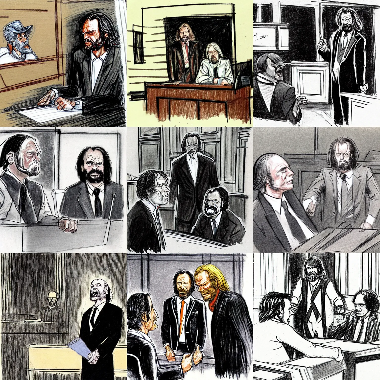 Prompt: courtroom sketch of randy savage testifying against jack torrance, by wilbert awdry, by reginald payne, witness stand, jury, pointing, gavel, judge, drawing