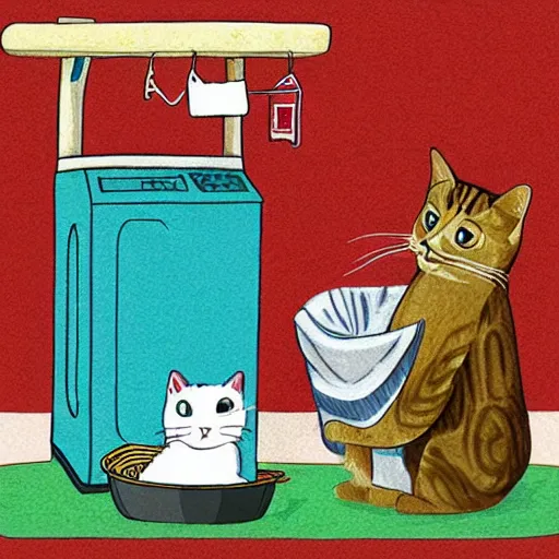 Prompt: story book illustration of laundry made from cat, art station trending.