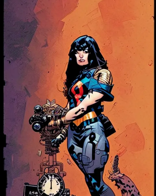 Image similar to mike mignola and sandra chevrier comic cover art, full body cute young lady, symmetrical eyes, bangs, rim lighting, vivid colors