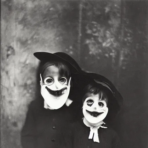 Prompt: portrait of children wearing santa masks, photograph, style of atget, 1 9 1 0, creepy, dark