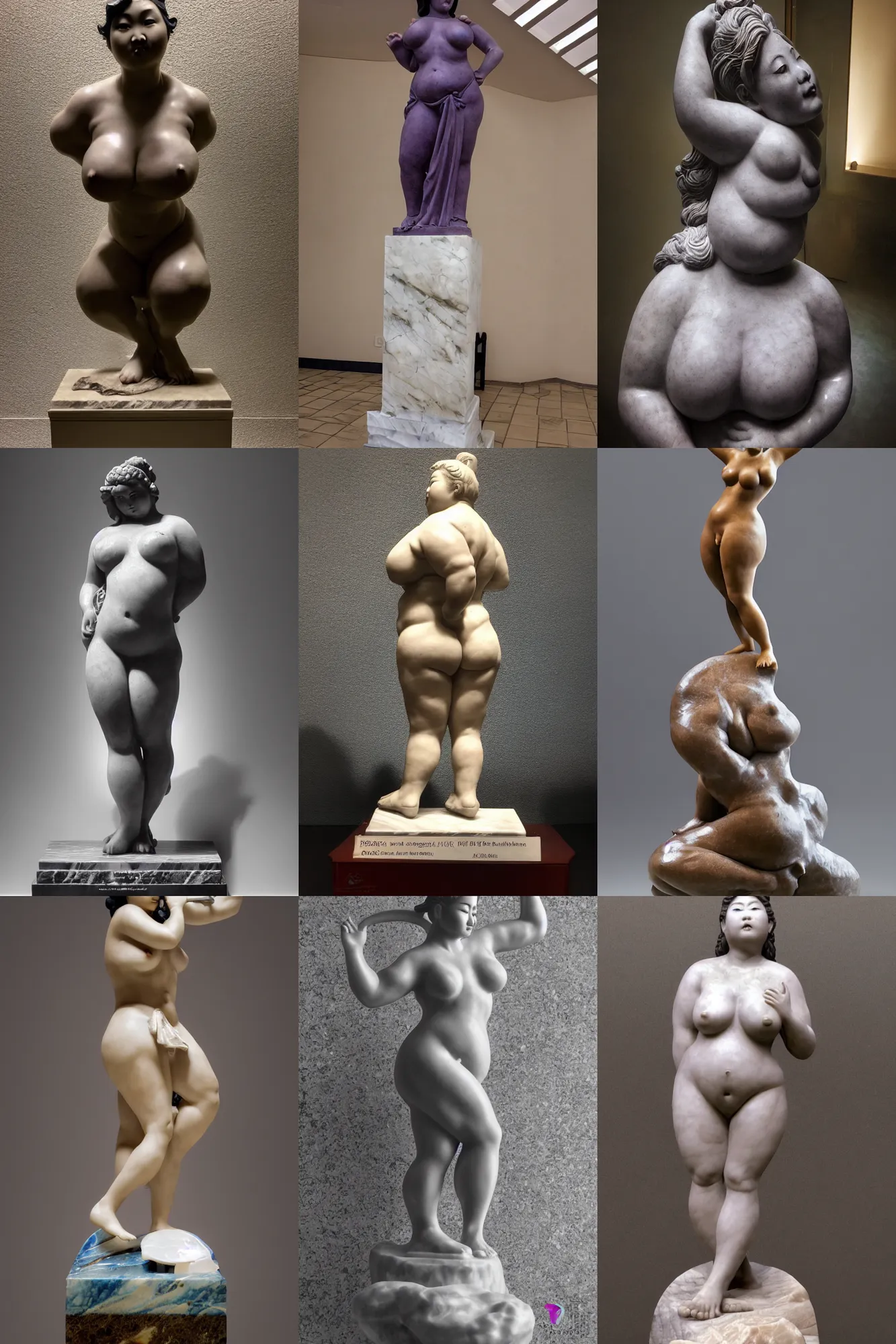 Prompt: awe - inspiring award - winning frank frazetta marble statue of a beautiful chubby asian woman in a room with tiled surfaces and a swimming pool, realistic, photo real, smooth, sharp, intricate detail, dramatic lighting, extremely moody purple lighting, glowing light and shadow, atmospheric, shadowy, cinematic, 8 k