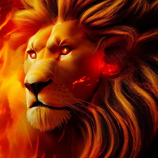 Image similar to fire lion, flaming, detail, unreal engine, cinematic