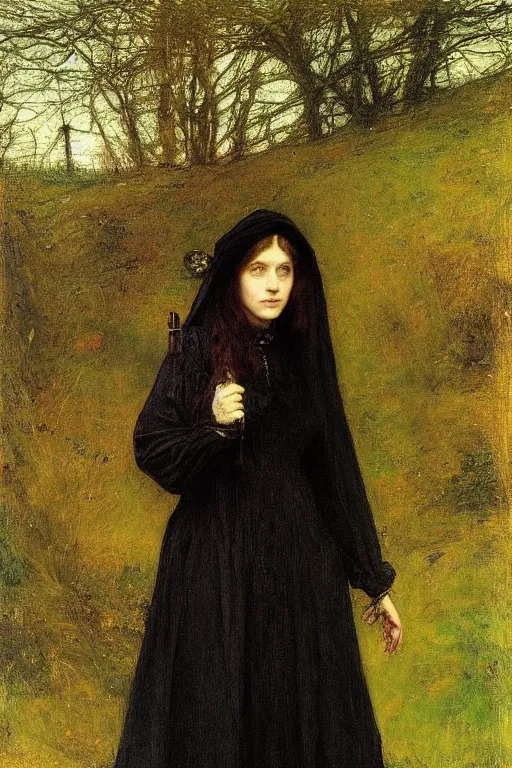 Prompt: a portrait of a beautiful Pre-Raphaelite witch painted by John Everett Millais