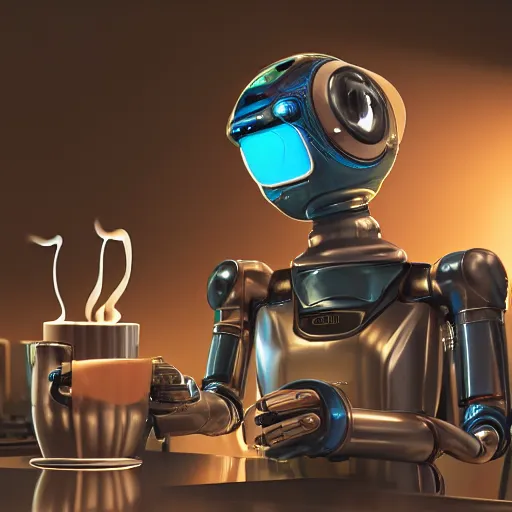 Image similar to hyperdetailed illustration of a friendly empatic highly robot serving a cup of coffee, by simon stalenhaag, by m. w. kaluta, high depth of field, fresh colors, coffee beans, coffee, steam, hyperdetailed, hyperrealistic, moody light, 3 d octane render, 4 k, volumetric lights, smooth, cosy atmosphere, artstation!