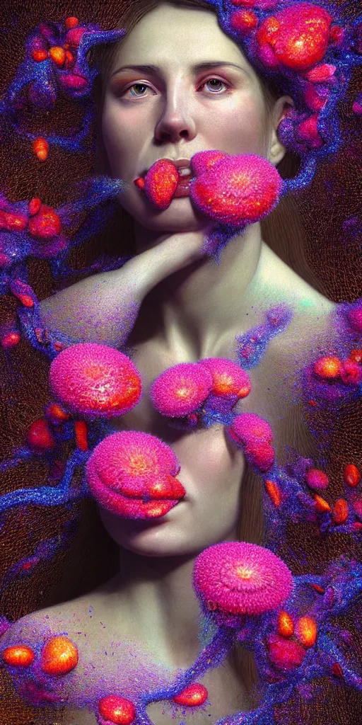 Prompt: hyper detailed 3d render like a Oil painting - portrait of Aurora (Singer) seen Eating of the Strangling network of yellowcake aerochrome and milky Fruit that covers her body and Her delicate Hands hold of gossamer polyp blossoms bring iridescent fungal flowers whose spores black the foolish stars by Jacek Yerka, Mariusz Lewandowski, Houdini algorithmic generative render, Abstract brush strokes, Masterpiece, Edward Hopper and James Gilleard, Zdzislaw Beksinski, Mark Ryden, Wolfgang Lettl, hints of Yayoi Kasuma, octane render, 8k