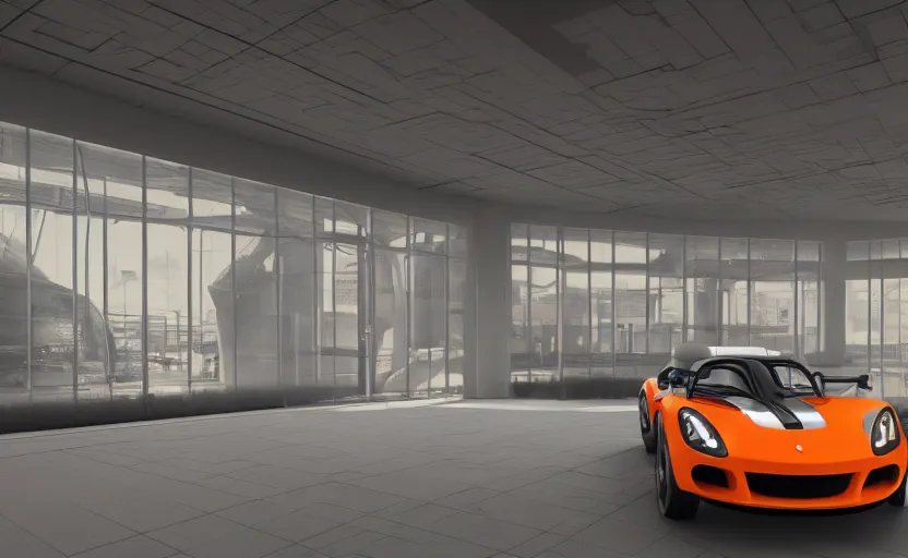 Image similar to futuristic lotus exige ( ( orange ) ) parked within interior view of futuristic auto showroom ( ( frank lloyd wright ) ) luminescent concept art, unreal engine 5, artstation highly detailed, digital art, 8 k hdr, soft lighting, hyperrealistic, godrays