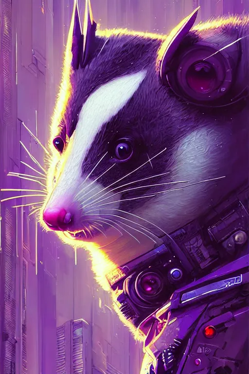 Image similar to a beautiful portrait of a cute cyberpunk opossum by sandra chevrier and greg rutkowski and wlop, purple blue color scheme, high key lighting, volumetric light, digital art, highly detailed, fine detail, intricate, ornate, complex, octane render, unreal engine, photorealistic