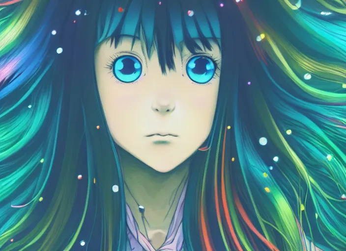 Prompt: portrait of a young forest girl with flowing hair, anime, shigeto koyama, narumi kakinouchi,jean giraud, manga, bright colors, beautiful, 28mm lens, vibrant high contrast, gradation, cinematic, rule of thirds, great composition, intricate, detailed, flat, matte print, sharp,clean lines,yoshitaka amano, haruhiko mikimoto