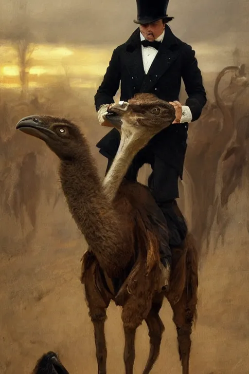 Image similar to portrait of a respectable dignified royal business elite politician wearing a top hat and coat tails riding on an ostrich, art by anders zorn, wonderful masterpiece by greg rutkowski, beautiful cinematic light, american romanticism by greg manchess, jessica rossier