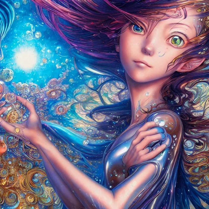 Prompt: ultra detailed illustration of a anime girl covered in liquid chrome, smiling, lost in a dreamy fairy multiverse, by Karol Bak, Johfra Bosschart, Andrew Thomas Huang, dan mumford, Druillet colorful, front view, vivid colors, 8k, coherent, artgerm, anime vibes, octane render, uplifting, magical composition, artstation