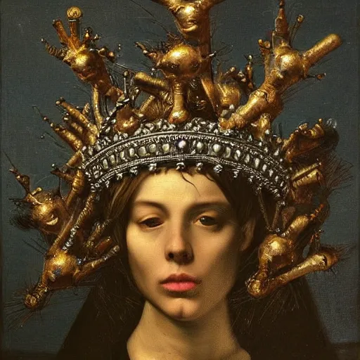 Prompt: a big high monumental gothic crown made of living metal tiny creatures grabbing each other, rim light, in the style of Caravaggio, dramatic, cinematic,