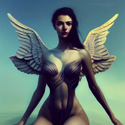 Image similar to 3 / 4 view of a portrait of beautiful woman with wings, confident pose, pixie, genshin impact, high quality, intricate, elegant, sharp focus, illustration, highly detailed, concept art, matte, trending on artstation, art by wlop and artgerm and greg rutkowski, h 6 4 0