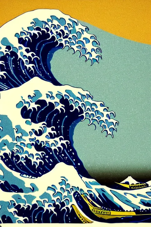 Image similar to Shepard Fairey The Great Wave off Kanagawa, sun in the background