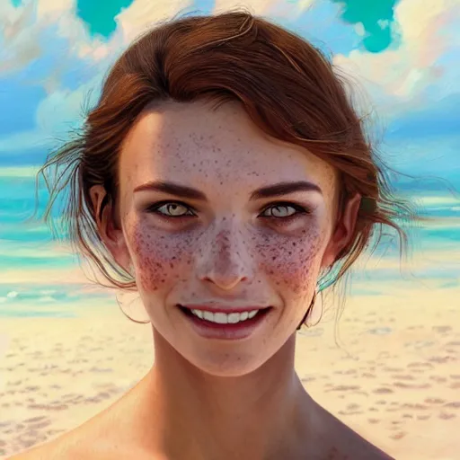 Image similar to portrait of a cute thin young woman, bronze brown hair, emerald green eye color, red blush, cute freckles, smug smile, modern clothes, relaxing on the beach, golden hour, close up shot, 8 k, art by irakli nadar, hyperrealism, hyperdetailed, ultra realistic