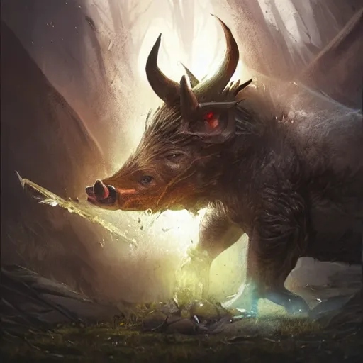 Prompt: Boar, Anthropomorphized, casting epic spell, magic the gathering artwork, D&D, fantasy, cinematic lighting, centered, symmetrical, highly detailed, digital painting, artstation, concept art, smooth, sharp focus, illustration, volumetric lighting, epic Composition, 8k, art by Akihiko Yoshida and Greg Rutkowski and Craig Mullins, heroic pose, oil painting, cgsociety, magic lab background