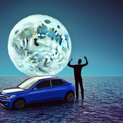 Image similar to man on the car in the middle of sea, moon glowing, 4 k render,