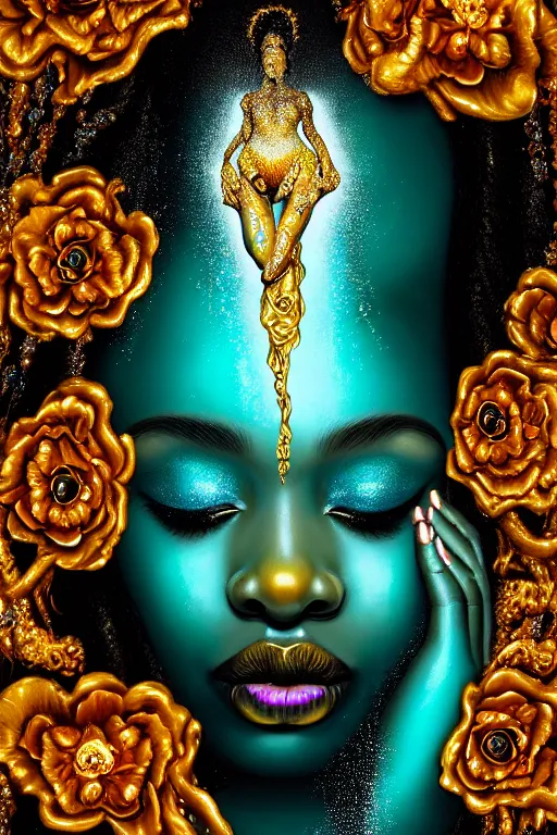 Image similar to hyperrealistic post rococo cinematic very expressive! black oshun goddess, open eyes, in water up to her shoulders, mirror dripping droplet!, gold flowers, highly detailed face, digital art masterpiece, smooth eric zener cam de leon dramatic pearlescent teal light, ground angle uhd 8 k, sharp focus