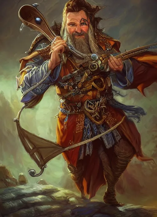 Image similar to charismatic bard, ultra detailed fantasy, dndbeyond, bright, colourful, realistic, dnd character portrait, full body, pathfinder, pinterest, art by ralph horsley, dnd, rpg, lotr game design fanart by concept art, behance hd, artstation, deviantart, hdr render in unreal engine 5