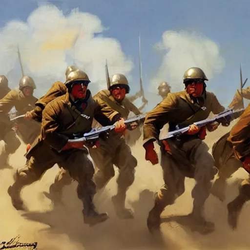 Prompt: greg manchess painting of a group of men charging at the enemy wearing military uniform, painting, trending on artstation, by huang guangjian and gil elvgren and sachin teng