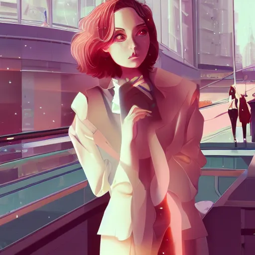 Image similar to a beautiful woman in 1980\'s fashion, mall background, 4k, anime key visual, lois van baarle, ilya kuvshinov, rossdraws, artstation