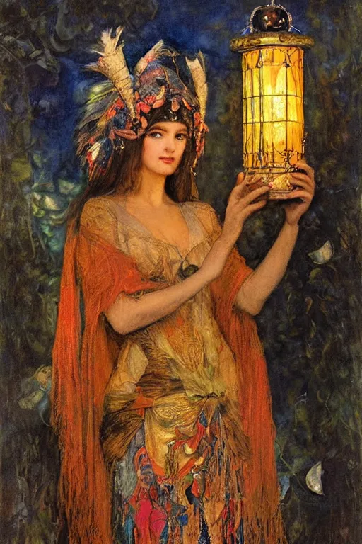 Image similar to queen of twilight with her lantern, by Annie Swynnerton and Diego Rivera and Gaston Bussière and Tino Rodriguez , elaborate headdress and embroidered velvet, iridescent beetles, rich color, dramatic cinematic lighting, extremely detailed