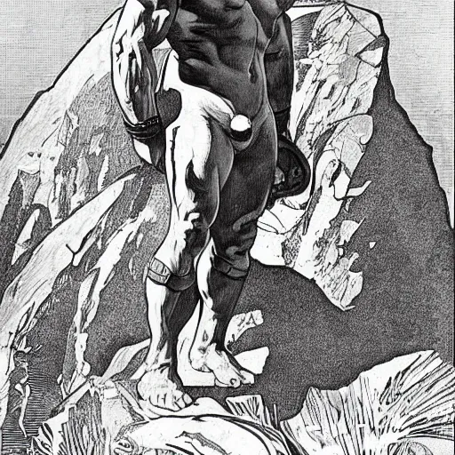 Prompt: muscular human barbarian on mars, standing on boulder, science fiction pulp illustration, Alphonse Mucha