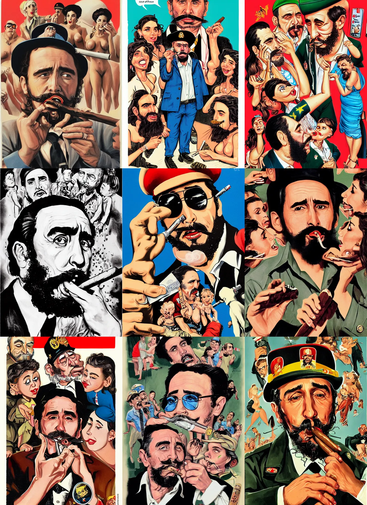 Prompt: mad magazine illustration of the actor james franco portraying the cuban dictator fidel castro smoking a large cigar, surrounded by beautiful babes. 1 5 mm lens, lowbrow pop surrealism aesthetic, contemporary art illustration, tom richmond illustration, mort drucker illustration