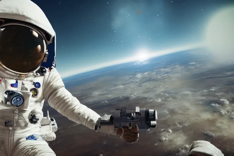 Image similar to astronaut aims a gun at a second astronaut, with earth in the background, unreal engine 5