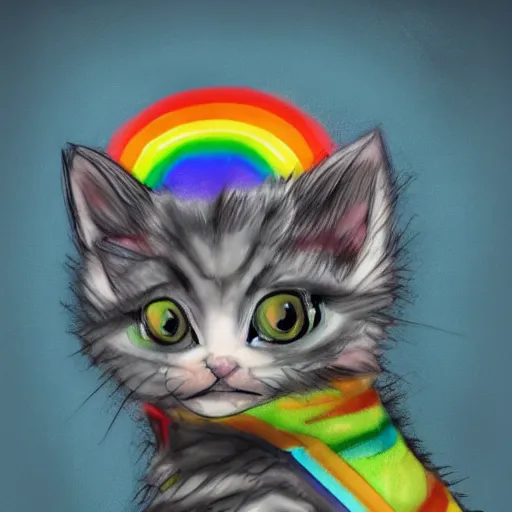 Image similar to wide angle full body, of a fluffy cute rainbow kitten wearing a black motorcycle jacket, concept art