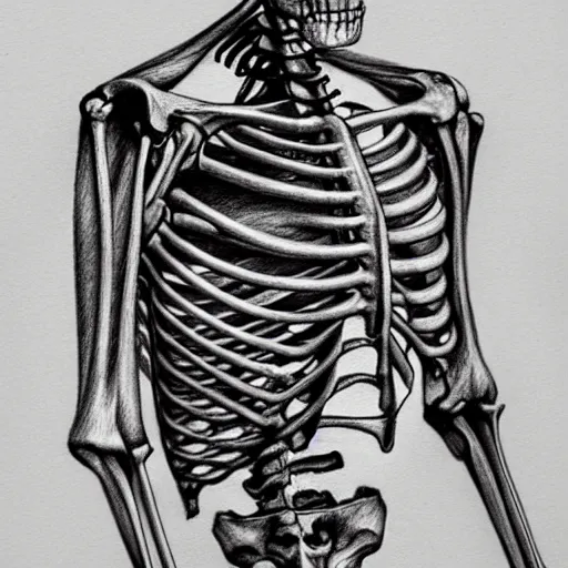 Image similar to a very detailed pencil drawing of an anatomically correct skeleton and muscular structure 4 k, high resolution, still, landscape, hd, dslr, hyper realistic, sketch