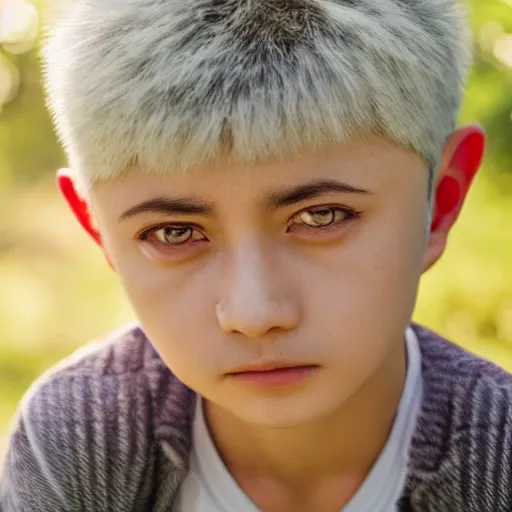 Image similar to photorealistic portrait photograph of real - life killua looking at you, hunter hunter, depth of field, soft focus, highly detailed, intricate, realistic, national geographic cover, soft glow, textured skin