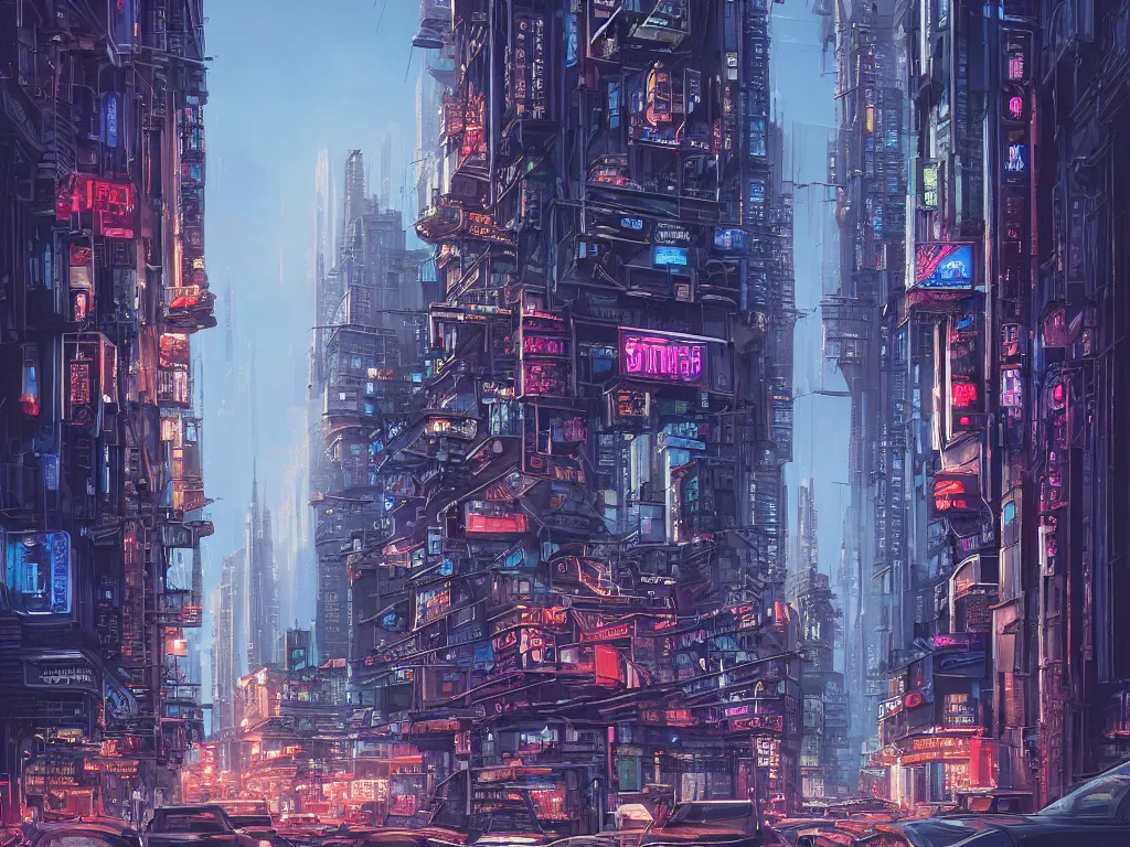 Prompt: hyperrealistic matte painting of the street level of a city with stacked buildings, classical architecture, by hugh ferris, noriyoshi ohrai, john harris, cyberpunk style, neon signs, blue color scheme, gritty, nighttime, city lights, fine detail, polished, sharp focus, octane, cgsociety, trending on artstation