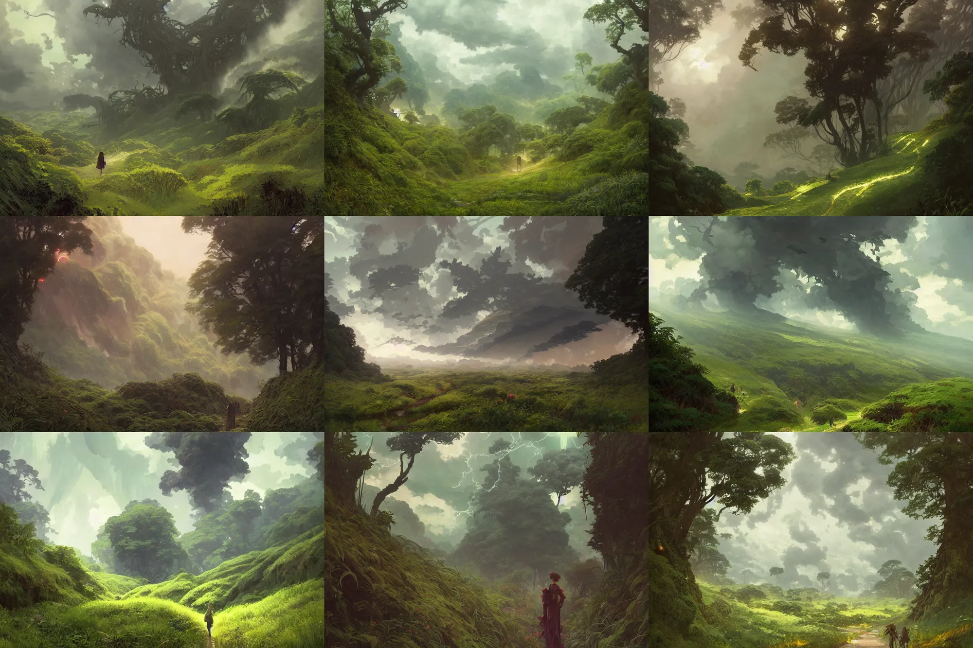 Prompt: a hyperdetailed path through a lush green valley, distant sea shore, dark storm clouds, heavy atmosphere, late afternoon sun, artstation, digital painting, by studio ghibli, greg rutkowski and magali villeneuve and alphonse mucha