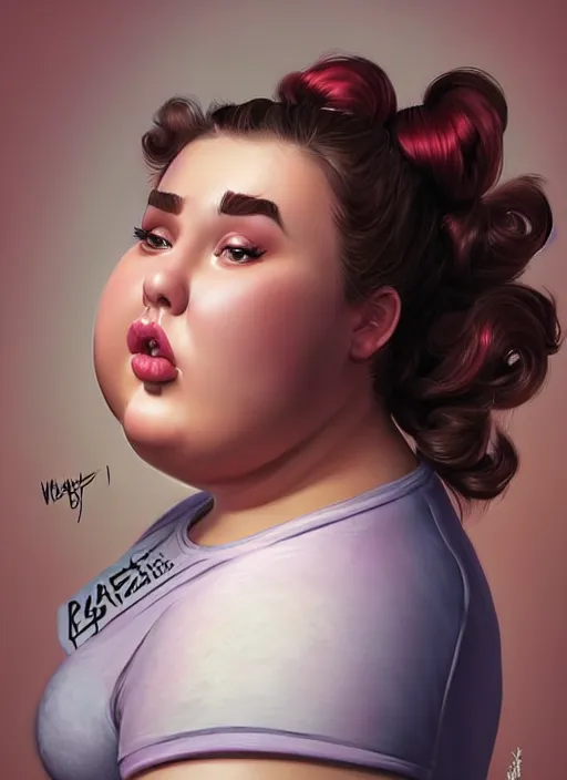 Image similar to full body portrait of teenage betty cooper, obese, bangs, ponytail, sultry, realistic, sultry smirk, ponytail hairstyle, fluffy bangs, curly bangs, skirt, fat, belly, intricate, elegant, highly detailed, digital painting, artstation, concept art, smooth, sharp focus, illustration, art by wlop, mars ravelo and greg rutkowski