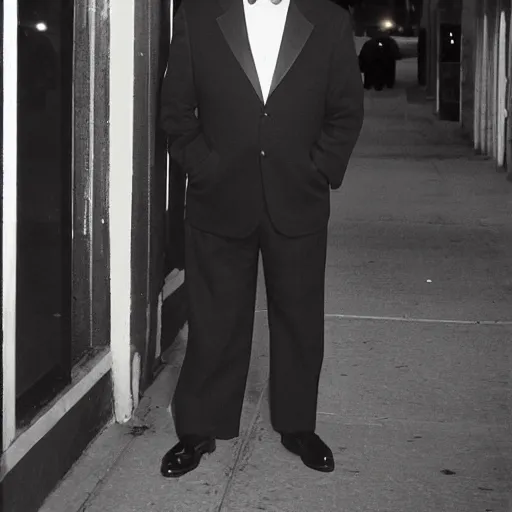 Image similar to 1 9 9 8 andy richter wearing a black wool coat over a black suit and necktie standing on the streets of chicago at night in winter.