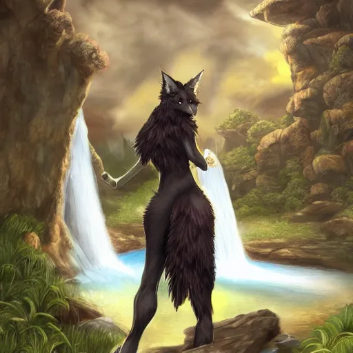 Image similar to fantasy art of a noble werefox standing in front of a waterfall, photorealistic, Hibbary, Dark Natasha, Goldenwolf, FurAffinity