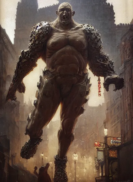 Image similar to full body portrait of martyn ford as huge towering bipedal horror beast with bulbous torso flaming hair wearing armour walks down city street, people flee, painted by ruan jia, raymond swanland, lawrence alma tadema, zdzislaw beksinski, norman rockwell, jack kirby, tom lovell, alex malveda, greg staples