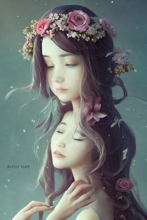 Image similar to romantic and fashion and love princess of the flower with sheath dress, 8 k realistic, teenager girl, baroque, symmetrical, flowing hair, smile, trending pinterest and pixiv, muted colors, hyperrealistic, l close up shot, character concept art, face by kyoung hwan kim, alexandra fomina, ilya kuvshinov